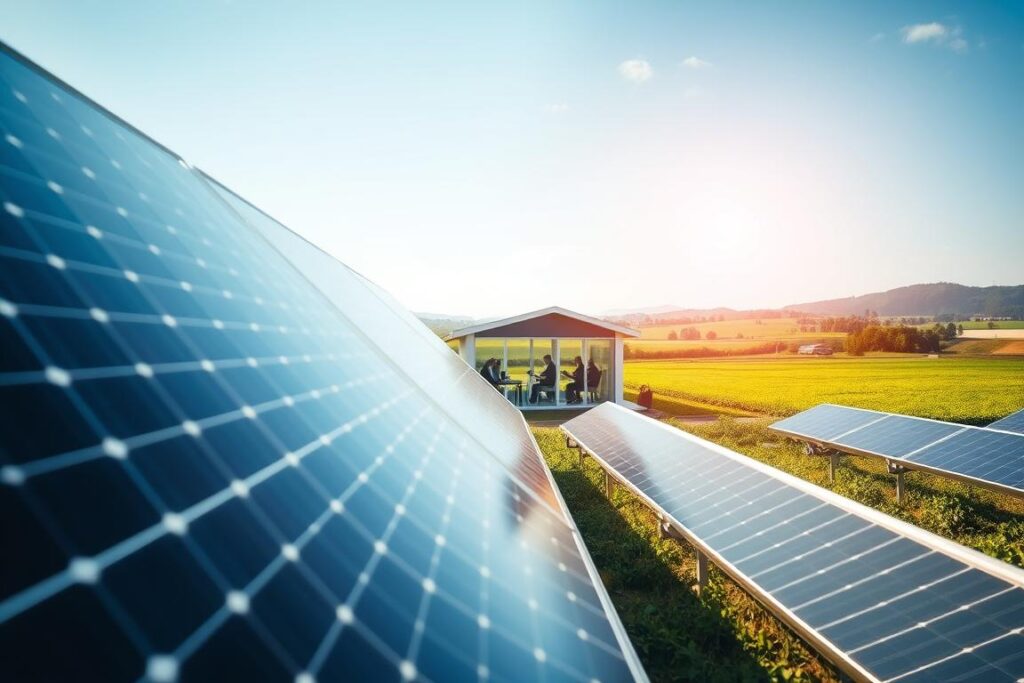 A solar-powered off-grid infrastructure in a rural farm setting. The foreground features modern solar panels angled towards the sun, converting sunlight into energy. In the middle, a small building with large windows showcases farmers working on digital devices, dressed in professional attire, processing digital signatures for CPR. The background has lush green fields, a clear blue sky, and distant hills. Soft sunlight bathes the scene, creating a warm and inviting atmosphere. Use a wide-angle lens to capture the expansive landscape and details of the solar equipment. The overall mood is innovative, sustainable, and forward-looking, emphasizing the connection between renewable energy and agricultural technology.