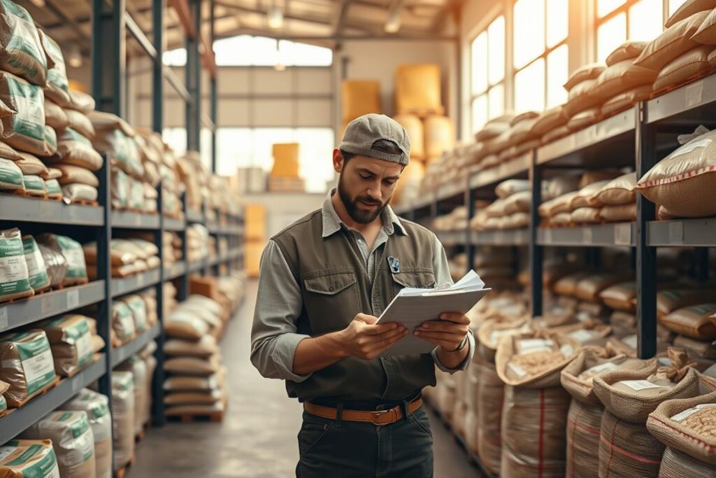 A strategically organized food stock management setting, depicting a modern agricultural warehouse with neat rows of labeled food containers and sacks filled with various grains and essentials. In the foreground, a focused farmer dressed in modest work attire meticulously checks inventory lists on a clipboard, showcasing diligence and preparation. The middle ground features shelves stocked with durable packaging and preservation methods, while the background highlights large windows streaming natural light, illuminating the space with a warm glow. The atmosphere is calm and optimistic, reflecting a proactive approach to food security in times of uncertainty. The angle captures both the farmer’s concentration and the well-arranged stock, emphasizing efficiency and organization.