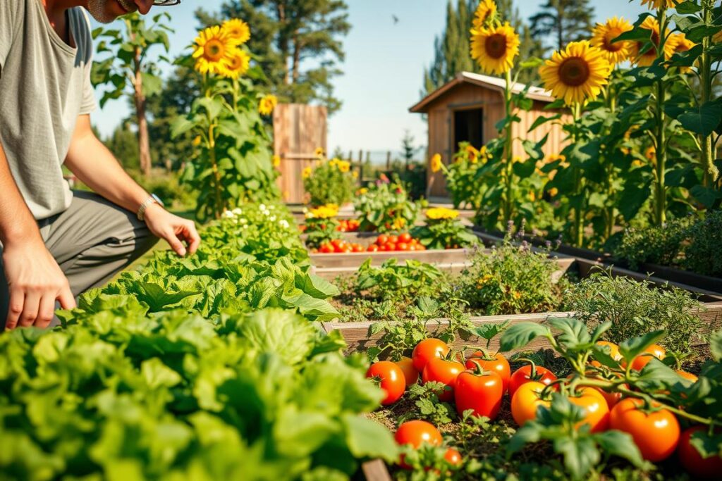 A thriving small-scale food production scene in a lush, well-tended garden, focusing on a variety of vibrant vegetables and fruits. In the foreground, a person in modest casual clothing kneels beside a row of leafy greens, tending to the plants. The middle ground showcases raised garden beds filled with ripe tomatoes, peppers, and herbs surrounded by colorful flowers and pollinators like bees. In the background, a rustic wooden shed is visible, framed by tall sunflowers and a clear blue sky, suggesting a peaceful and self-sufficient atmosphere. Soft, warm sunlight bathes the scene, creating a serene and hopeful ambiance. The angle should be slightly elevated to capture the full depth of the garden, emphasizing abundance and the essence of sustainable living.