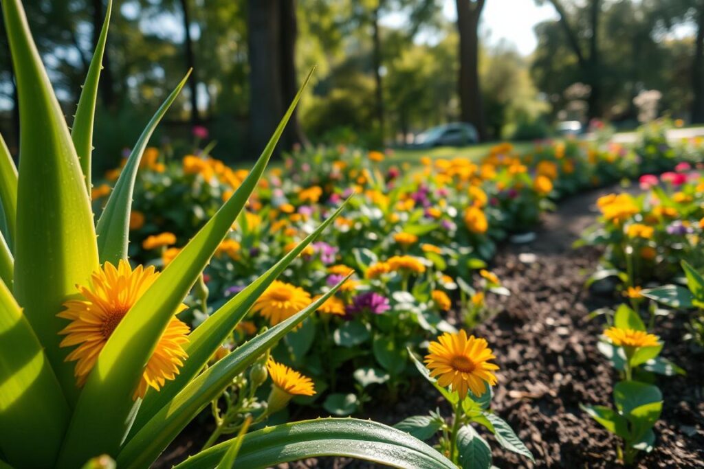 A tranquil garden scene showcasing a variety of healing plants known for their antiseptic properties. In the foreground, vibrant green leaves of aloe vera, calendula, and st. John's wort glisten with morning dew, highlighting their medicinal qualities. The middle ground features clusters of these plants intermingled with colorful flowers and herbs, creating a lush tapestry of life. In the background, soft sunlight filters through tall trees, casting dappled shadows upon the soil, enhancing the peaceful atmosphere. The scene is captured with a close-up perspective, emphasizing the intricate details of the leaves and blossoms, evoking a sense of serenity and natural harmony. The overall mood is one of tranquility and resilience, symbolizing sustenance and healing.