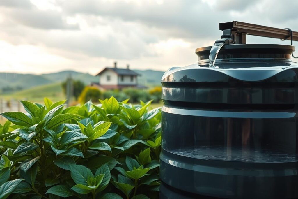 A tranquil scene illustrating rainwater harvesting, featuring a modern rain barrel system in the foreground, filled with clear rainwater. Lush green plants surround the barrel, symbolizing sustainability. In the middle ground, a small rooftop with a sloped surface captures rain, seamlessly directing it into the barrel through gutters. In the background, a serene landscape includes rolling hills under a soft, cloudy sky, suggesting an impending rain. The lighting should be natural and soft, evoking a peaceful atmosphere, with subtle reflections of sunlight glistening on the water's surface. The scene conveys a sense of hope and self-sufficiency, perfect for emphasizing the importance of water management in times of scarcity.