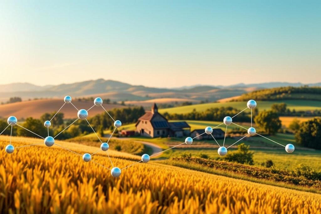 A vibrant and modern representation of a blockchain network set against a picturesque rural landscape. In the foreground, detailed 3D illustrations of interconnected nodes symbolizing the 