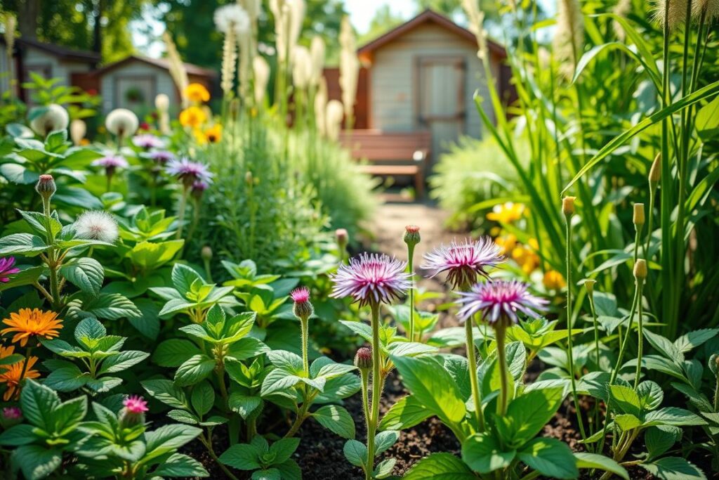 A vibrant garden filled with 20 different detoxifying plants, each labeled with their names in a natural, organic style. In the foreground, close-up views of lush green leaves, vibrant flowers, and herbs like mint, dandelion, and milk thistle, highlighting their rich textures and colors. In the middle ground, taller plants such as fennel and lemongrass add depth, while gentle sunlight filters through the leaves creating enchanting patterns on the soil. The background features a soft-focus view of a wooden garden bench and a rustic garden shed to evoke a serene, nurturing atmosphere. The overall mood is calm and inspiring, showcasing the beauty of cultivating health through nature. Bright, natural lighting emphasizes the freshness of the plants.