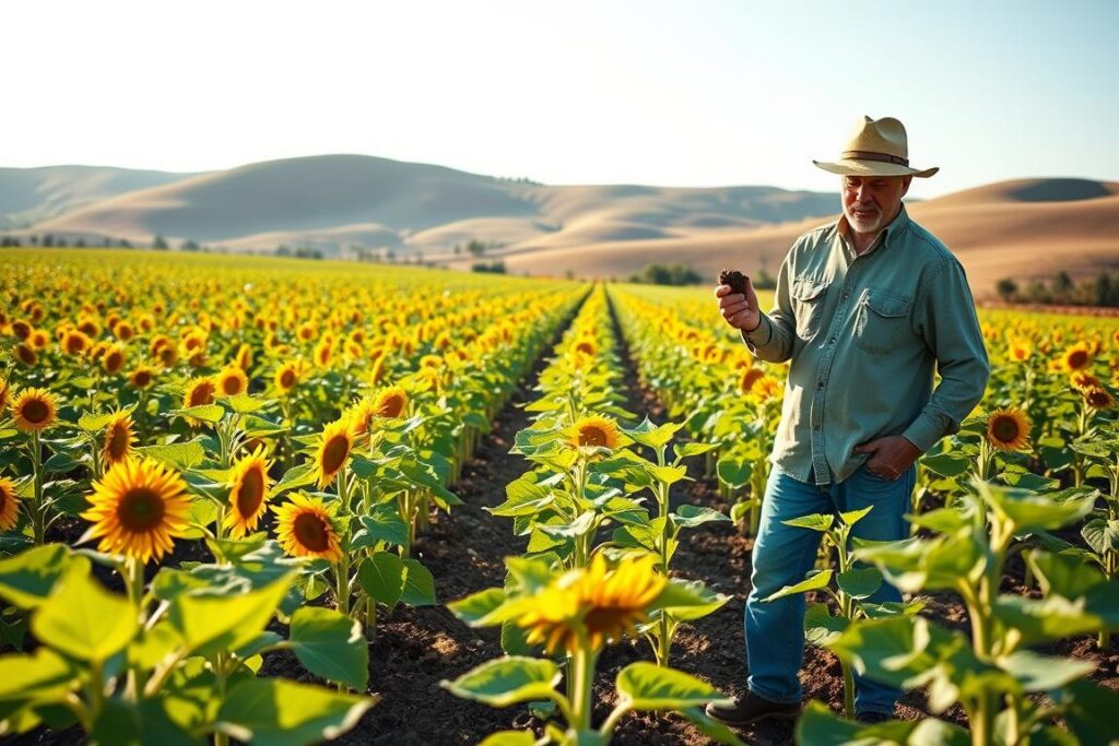 A vibrant, lush field of oilseed crops such as sunflowers and soybeans, neatly organized in rows. In the foreground, a farmer in modest casual clothing is inspecting the plants, holding a soil sample, showcasing a hands-on approach to cultivating protein-rich and oil-rich crops. The middle ground features healthy plants flourishing under golden sunlight, emphasizing growth and sustainability. In the background, gently rolling hills and a clear blue sky create a peaceful rural atmosphere. The lighting is warm and inviting, enhancing the rich greens and yellows of the crops. A shallow depth of field focuses on the farmer and the plants, evoking a sense of dedication to self-sufficient farming practices.