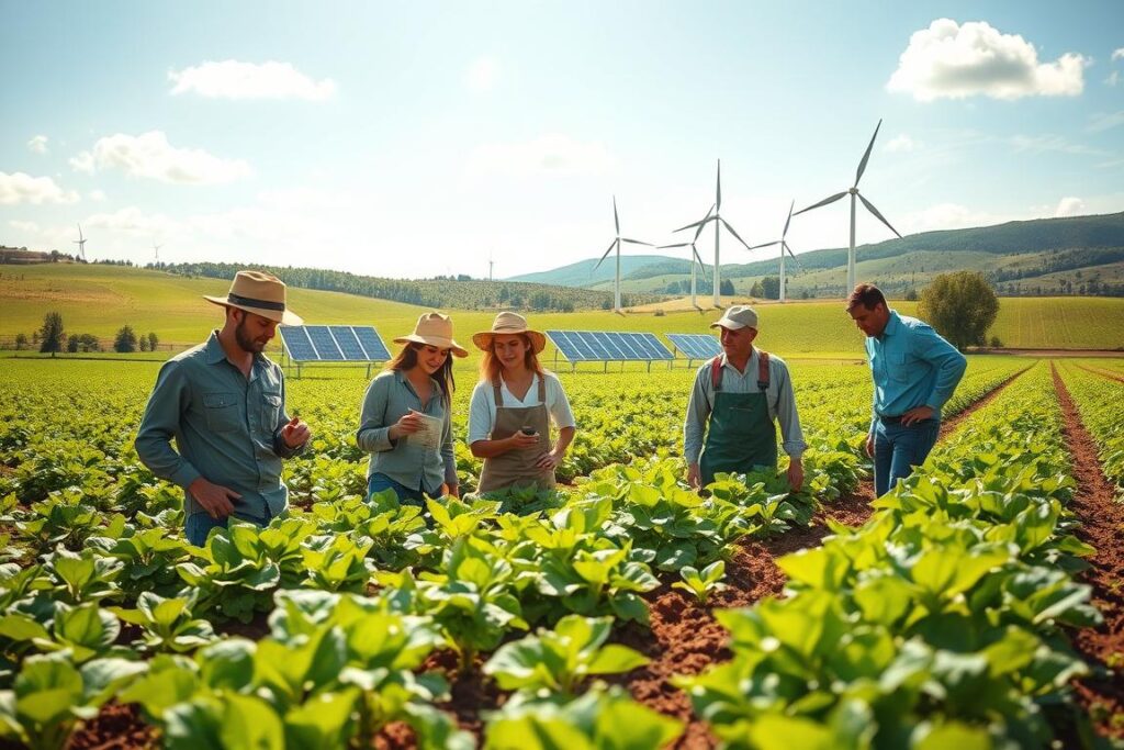 A vibrant scene depicting sustainable agriculture, showcasing a lush green farm landscape. In the foreground, a diverse group of farmers, dressed in modest casual attire, are inspecting healthy crops and soil, symbolizing hands-on education. In the middle ground, various types of renewable energy sources, like solar panels and wind turbines, are seamlessly integrated into the environment. The background features a bright blue sky, with a few fluffy clouds and distant rolling hills, signifying a thriving ecosystem. The atmosphere is optimistic and focused, illuminated by warm, natural sunlight that enhances the colors of the crops and the energy sources. Use a wide-angle perspective to capture the expansive farmland, highlighting the interconnectedness of agriculture, pest management, soil health, energy, and water conservation.
