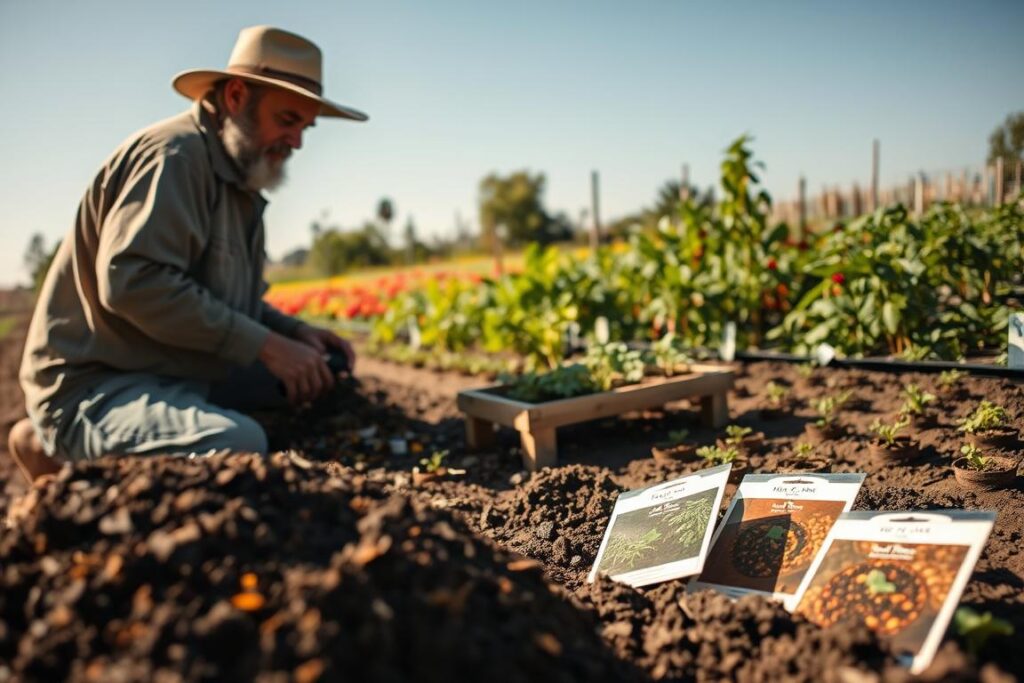 A vibrant scene depicting the production of fertilizers and seeds in an agricultural setting. In the foreground, a skilled farmer in modest casual clothing is mixing organic materials for compost, showcasing the process of creating natural fertilizers. In the middle ground, rows of freshly planted crops can be seen, with packets of heirloom seeds nestled beside a small wooden potting bench. In the background, a bright blue sky complements a thriving garden filled with diverse plants, hinting at sustainability and independence. Soft, natural lighting bathes the scene, capturing a warm and hopeful atmosphere. The angle is slightly elevated, providing a clear view of both the farmer’s activity and the flourishing garden, embodying resilience and self-sufficiency in challenging times.