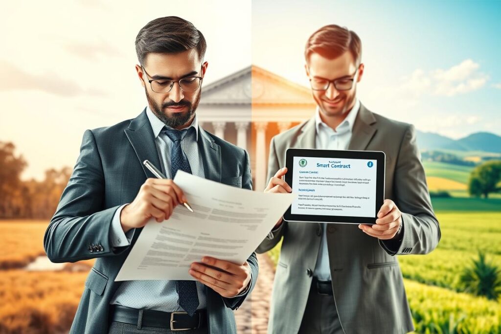 A visually compelling comparison of traditional credit and smart contract-based credit, illustrating the concepts side by side. In the foreground, a confident professional dressed in business attire examines a traditional loan agreement, with elements like paper documents, a calculator, and a pen. In contrast, another professional, also in business attire, engages with a digital tablet displaying a smart contract interface, showcasing blockchain graphics and digital signatures. The middle ground features a stylized split background: on one side, an old bank building symbolizing traditional financial institutions, and on the other, a futuristic digital landscape representing innovation in finance. Soft, bright lighting highlights the professionals, conveying a mood of progress and efficiency. Use a shallow depth of field for a polished, modern look, capturing the essence of the evolving agricultural credit landscape.