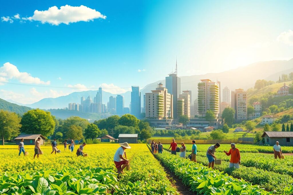 A vivid split-scene illustration contrasting urban refuge cities with self-sustaining rural properties. In the foreground, show a diverse group of people harvesting crops and tending to gardens in a vibrant green rural landscape, wearing modest casual clothing. In the middle ground, depict a modern, eco-friendly city skyline with vertical gardens and solar panels, bustling with activity. Bright sunlight bathes the scene, creating a warm and hopeful atmosphere. In the background, incorporate mountains or rolling hills that symbolize resilience, with soft clouds in a blue sky illuminating both worlds. Capture the essence of survival and community spirit amid a crisis. Focus on a wide-angle view that encapsulates both settings in harmony.