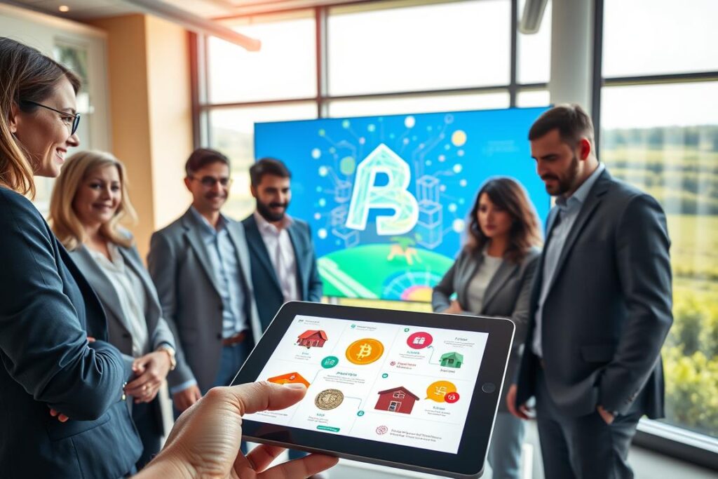 In a vibrant and modern office space, a diverse group of professionals in business attire, including a woman in a blazer and a man in smart casual wear, gather around a large digital screen displaying a colorful blockchain graphic symbolizing asset tokenization. In the foreground, a close-up of a tablet shows representations of various real assets like farms and rural properties connected to digital tokens. The middle ground features the team actively discussing, pointing at data while a large window in the background reveals a lush rural landscape, symbolizing the connection to real assets. The atmosphere is dynamic and optimistic, highlighting the innovative potential of a digital economy without intermediaries, illuminated by bright, natural light that evokes a sense of hope and progress.