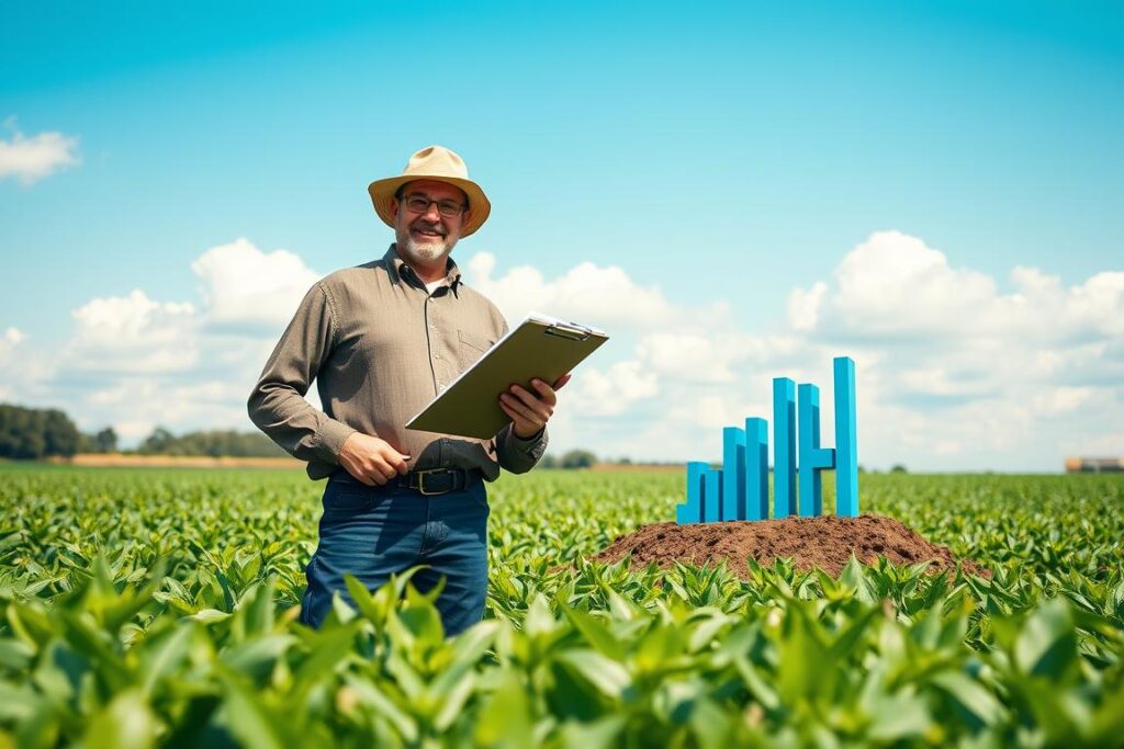 A confident small-scale farmer in a professional outfit, standing in a lush green field with crops in the foreground. The farmer holds a clipboard with financial documents, symbolizing tax strategies and planning. In the middle ground, an abstract representation of fiscal concepts like graphs and charts emerge from the earth, indicating careful management of resources. In the background, a bright blue sky with fluffy white clouds creates a hopeful atmosphere, showcasing the potential of successful tax planning. The lighting is warm and inviting, suggesting a sunny day that symbolizes prosperity and growth. The angle captures the farmer in a slightly upward view, conveying optimism and ambition in their financial strategies.