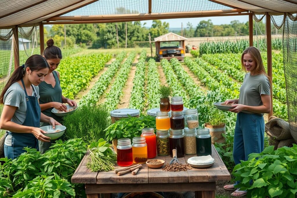 A cozy, well-lit small-scale agricultural setting depicting the process of crafting homemade bioinputs. In the foreground, a diverse group of individuals in modest casual clothing are engaged in mixing natural ingredients in large bowls. They are surrounded by vibrant plants and herbs, emphasizing organic farming. The middle ground features a rustic wooden table stacked with jars containing colorful plant extracts, alongside gardening tools and compost materials. In the background, a lush garden with various crops and a clear blue sky creates a harmonious atmosphere of self-sustainability. Soft, natural light filters through, casting gentle shadows and enhancing the vibrant colors, evoking a sense of community and independence in farming practices.