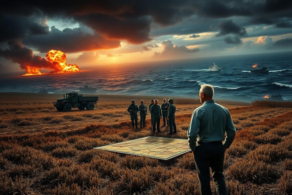 A dramatic depiction of a World War III scenario illustrating the tension in agricultural supply chains. In the foreground, a frustrated farmer in professional clothing surveys his barren fields, symbolizing the struggle for resources. In the middle ground, military figures discuss strategy over a map with military vehicles in a tense standoff, representing global conflict. The background features dark, stormy skies with distant explosions and ships in turmoil on a turbulent ocean, emphasizing the chaos. The overall atmosphere is one of urgency and foreboding, with shadows casting long and sharp, creating a sense of impending crisis. The scene is captured with cinematic lighting, using a wide-angle lens to emphasize the scale of the disaster.