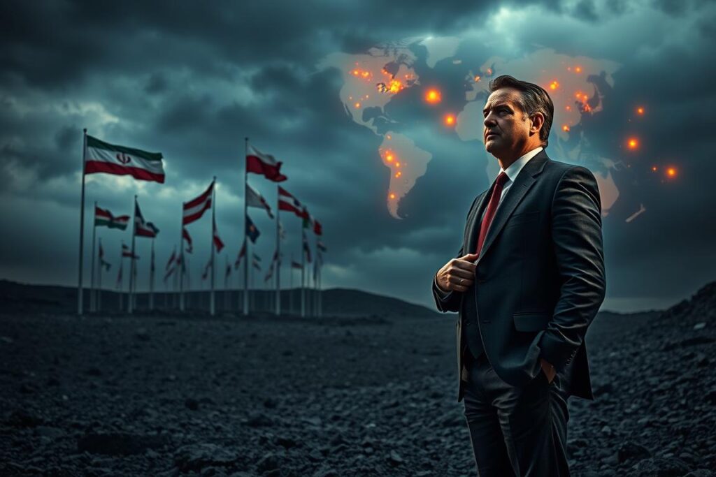 A dramatic geopolitical landscape illustrating 