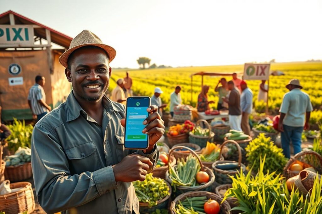 A dynamic scene depicting financial survival in a rural setting. In the foreground, a farmer in professional work attire, confidently holding a smartphone displaying a digital payment interface. Surrounding him are baskets of fresh produce, symbolizing agricultural wealth. In the middle ground, a vibrant marketplace bustling with people exchanging goods, with signs indicating payment options like PIX, cash, and cryptocurrency symbols. The background features lush fields under a bright, clear sky, representing prosperity and hope. Soft sunlight casts warm tones across the scene, enhancing a sense of community and resilience. The atmosphere is optimistic and active, capturing the essence of innovative transactions in challenging times.