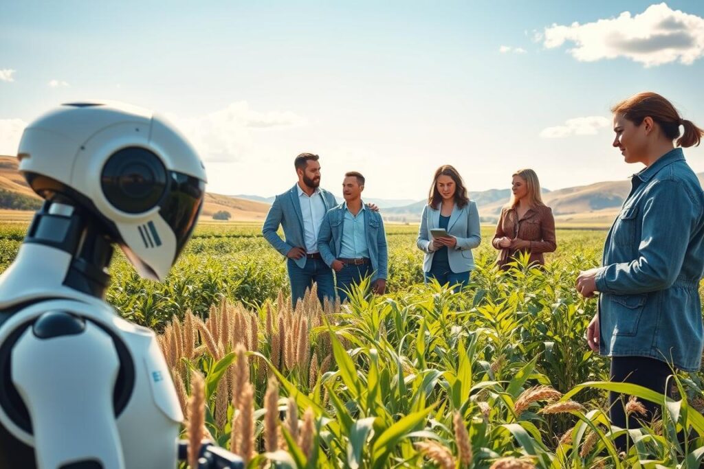 A futuristic agricultural landscape showcasing a diverse range of crops suited for the climate of 2026. In the foreground, an AI farming assistant in a sleek design analyzes soil and crop data while surrounded by vibrant, thriving plants including grains and legumes. In the middle ground, a diverse group of farmers, dressed in professional, smart-casual attire, collaborate around a digital tablet displaying agricultural analytics. The background features a bright blue sky with a few clouds and rolling hills, representing the evolving climate. The scene is illuminated by soft, warm sunlight, creating an optimistic and innovative atmosphere. Use a wide-angle lens to capture the expanse of the fields and the lively interaction among people, emphasizing the harmony between technology and nature in modern agriculture.