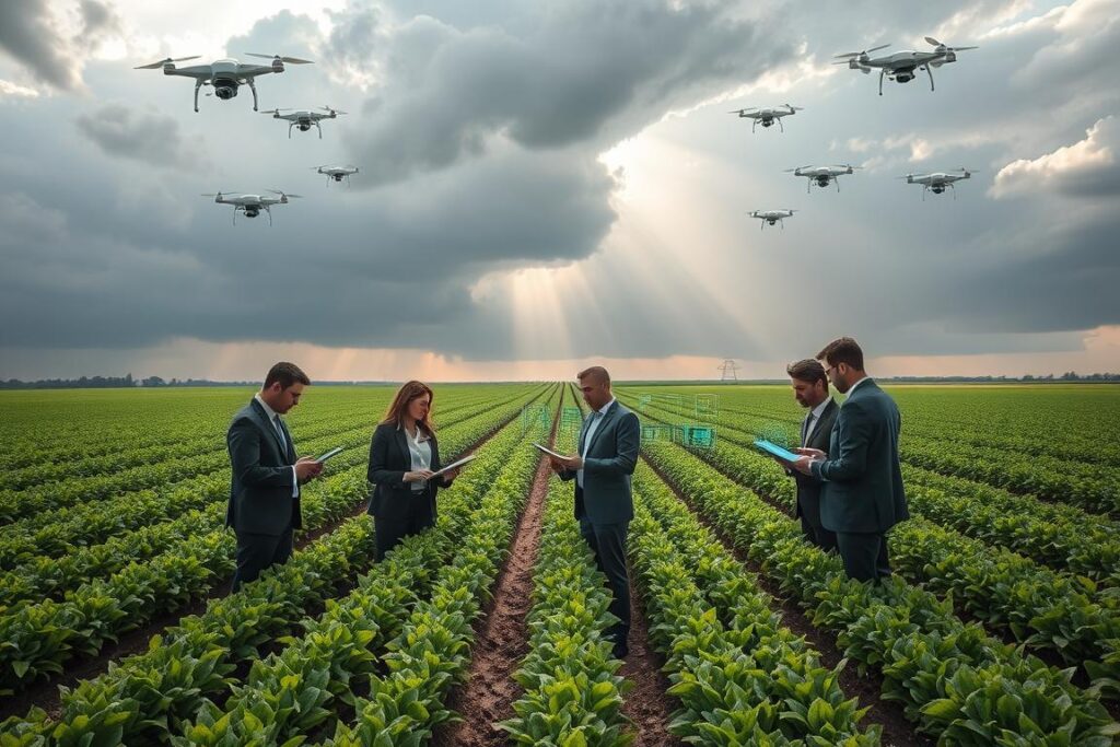 A futuristic agricultural landscape showcasing the integration of artificial intelligence in farming. In the foreground, a diverse group of professionals in business attire is analyzing data on tablets, surrounded by high-tech farming equipment, like drones and sensors monitoring crops. The middle ground features vibrant rows of crops, with digital interfaces overlaying the plants to signify AI-driven insights. In the background, a dramatic sky filled with both storm clouds and rays of sunshine, symbolizing chaos and opportunity. The scene is illuminated by soft, natural light, creating an atmosphere of hope and innovation, highlighting the crucial role of technology in predicting scarcity in agriculture. The angle is slightly elevated, providing a panoramic view of the landscape.
