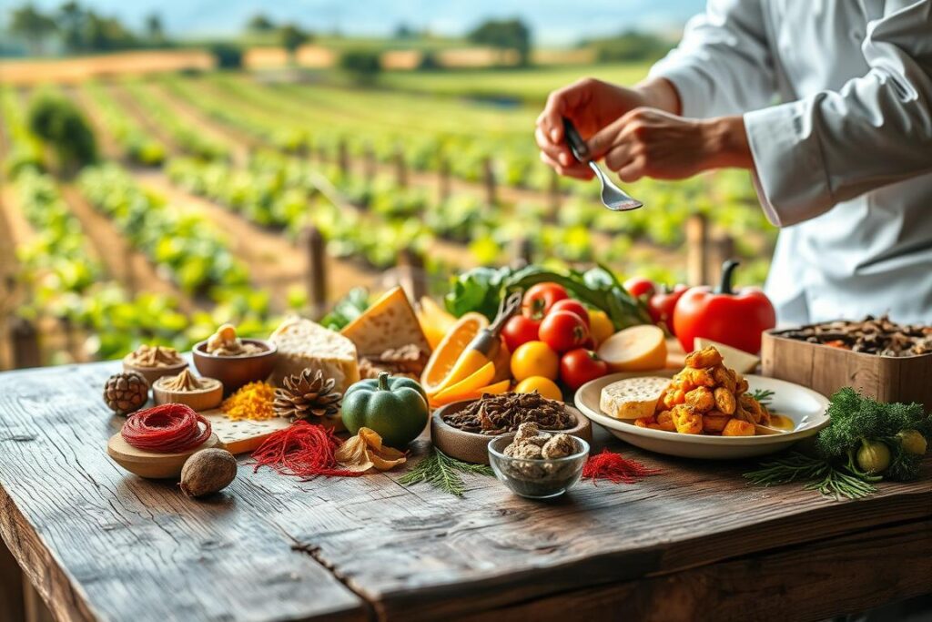 A luxurious display of gourmet food items beautifully arranged on a rustic wooden table, highlighting exotic ingredients like truffles, saffron, and artisanal cheeses. In the foreground, a chef in professional attire gracefully prepares a delicate dish with intricate detail. The middle ground showcases colorful fruits and vegetables elegantly positioned, with soft, natural lighting illuminating their textures. In the background, an idyllic farm landscape with lush greenery and small crops suggests sustainable, small-scale production. The scene captures an air of sophistication and abundance, creating a warm, inviting atmosphere that reflects the niche of luxury food production in Brazil’s small properties. Use a shallow depth of field to emphasize the foreground while softly blurring the background for a dreamy effect.