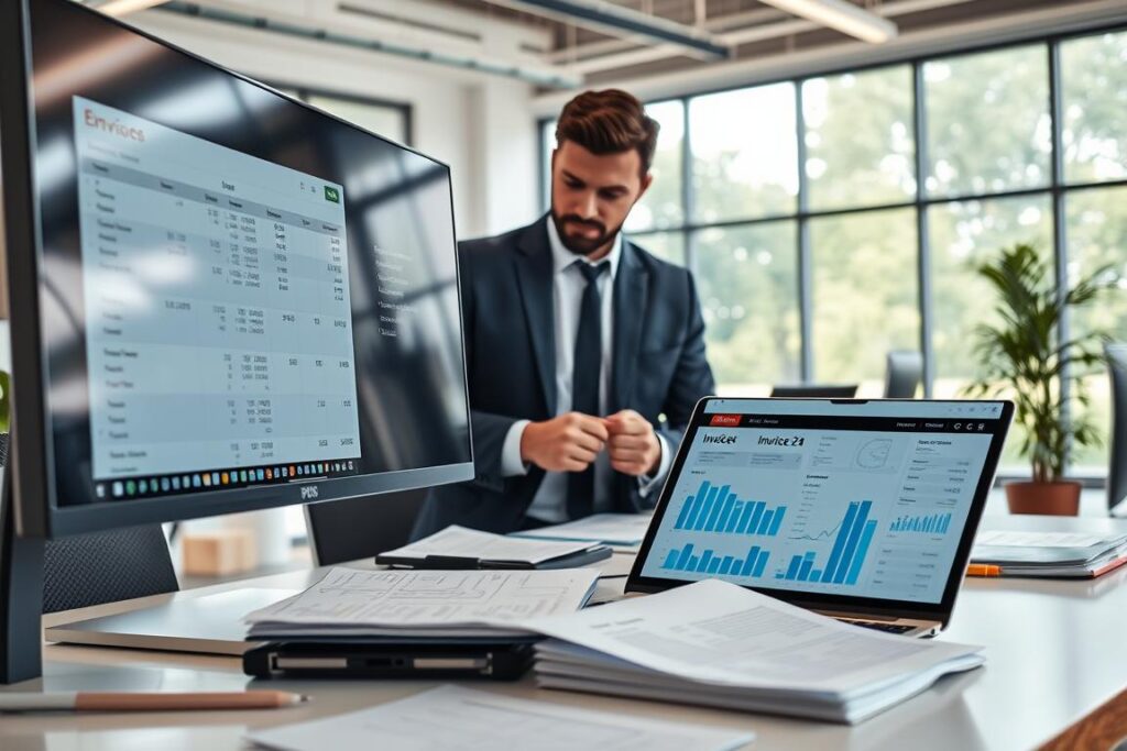 A modern office setting focused on the automation of invoices and rural documents. In the foreground, a sleek computer monitor showcases digital spreadsheets with organized data, surrounded by documents and an open laptop featuring financial software. In the middle, a professional individual in smart business attire, diligently reviewing the screen, exuding concentration and innovation. The background features a bright, airy office space with nature glimpses through large windows, symbolizing the connection to rural life. Soft, natural lighting enhances the atmosphere of productivity and efficiency. The angle is a slightly elevated viewpoint, offering a comprehensive view of the work environment, while maintaining a clean and professional vibe, free of distractions.