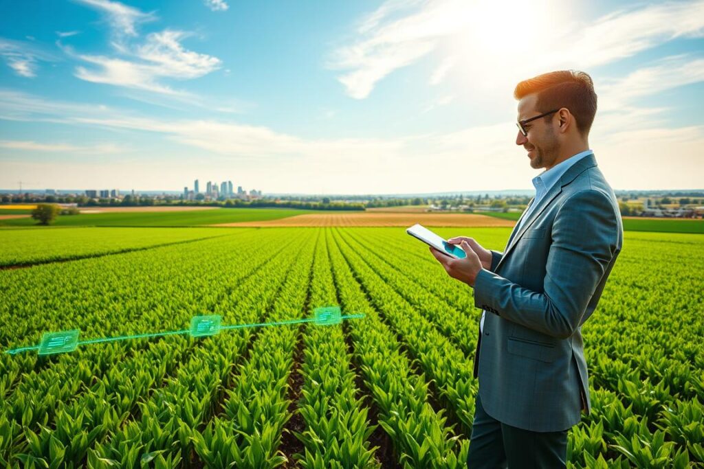 A picturesque landscape featuring a digital representation of tokenized land, showcasing vibrant green fields divided into distinct plots with glowing digital interfaces overlaying each section. In the foreground, a professional businessperson, dressed in smart casual attire, examines the land using a tablet displaying data. The middle ground highlights diverse crops, such as corn and soybeans, thriving in organized rows, symbolizing agricultural productivity. In the background, a tranquil skyline with a mix of modern buildings and rural elements under a bright blue sky, conveying a sense of hope amidst economic uncertainty. Soft, natural lighting enhances the hopeful atmosphere, while a slight lens flare adds warmth to the scene, emphasizing the concept of innovation in agriculture.