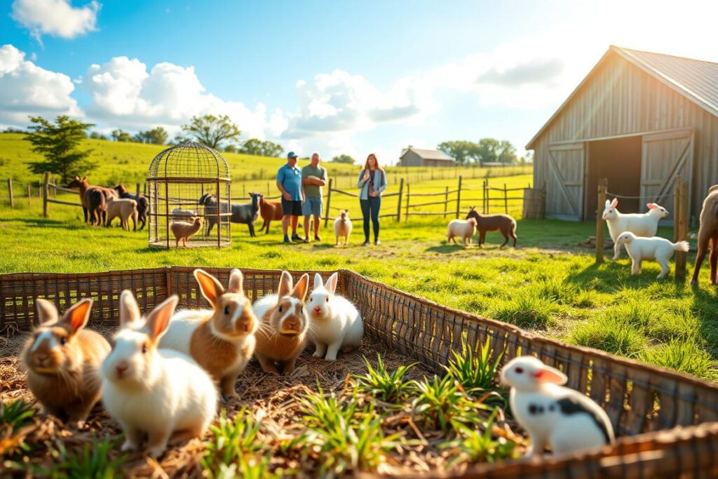 A picturesque small farm setting showcasing the breeding of small, high-value animals such as rabbits, quails, and goats. In the foreground, a well-maintained pen with cheerful, fluffy rabbits, and a few colorful quail in a spacious aviary. In the middle ground, a family in modest casual clothing tends to the animals, engaging in nurturing behaviors. There are lush green pastures and a wooden barn displaying a classic rustic charm. The background features a bright blue sky with soft white clouds, and slight sunlight illuminating the scene, creating a warm, inviting atmosphere. The focus should be sharp on the animals and people, with a slight bokeh effect on the background to enhance the tranquil mood of rural life.