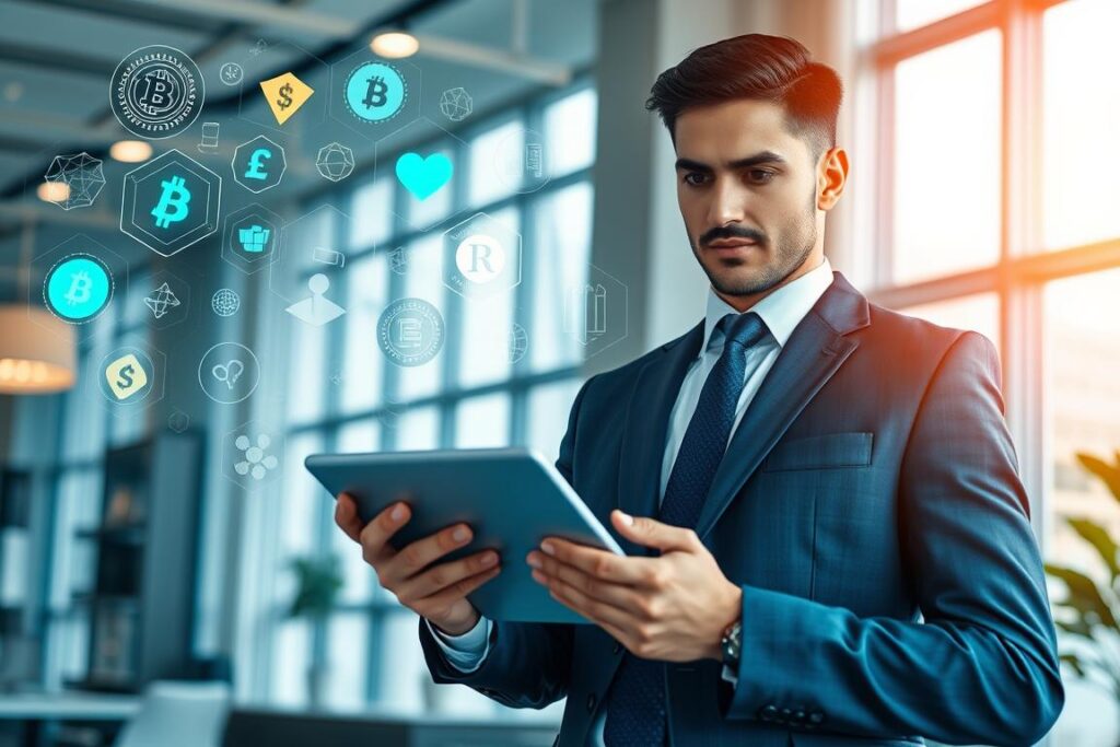 A professional individual with a determined expression, dressed in smart business attire, stands confidently in the foreground, analyzing financial data displayed on a digital tablet. In the middle ground, floating holographic graphics depict various digital assets like cryptocurrencies, NFTs, and blockchain symbols, illustrating the concept of digital wealth. The background features a modern office environment with large windows that let in soft, natural light, casting an inviting glow. The overall atmosphere is one of optimism and opportunity amidst challenges. The angle is slightly elevated, giving a dynamic view of the character and the vibrant, futuristic graphics surrounding them.