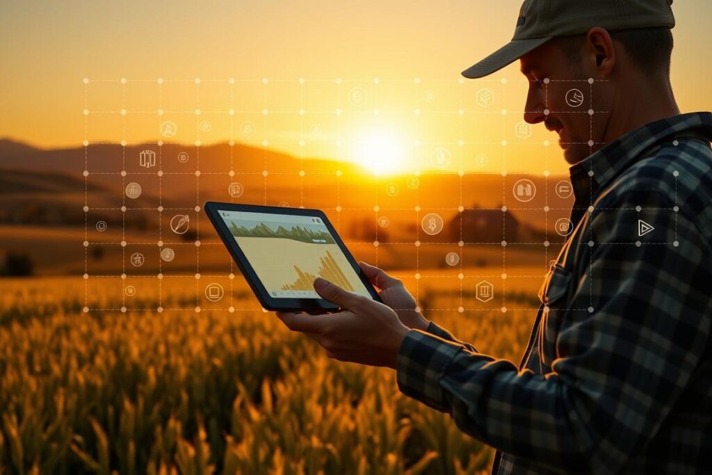 A serene agricultural landscape at sunset, where golden fields of crops transition into a digital grid overlay symbolizing tokenization. In the foreground, a professional farmer in modest casual attire is examining a tablet displaying graphs and tokens representing real assets like land. Behind him, rolling hills and a farmhouse are illuminated softly by the warm sunlight. The middle ground features symbols of digital finance, like blockchain nodes and coins, seamlessly integrated with farming elements such as wheat and soil. The atmosphere conveys a sense of innovation and security, merging traditional agriculture with modern digital assets. The lighting emphasizes the sunset glow, creating a harmonious blend of nature and technology. The scene is framed to focus on the farmer and the tablet, with a depth of field that blurs the background for an immersive effect.