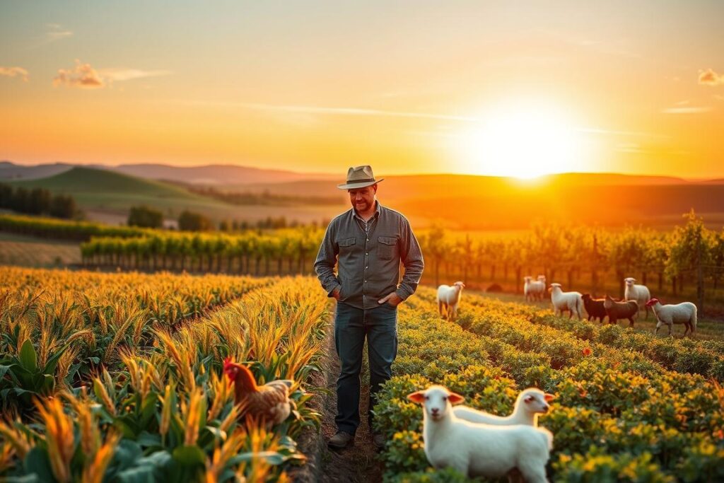 A serene agricultural landscape depicting asset diversification. In the foreground, a farmer in professional attire inspects a diverse field with various crops, showcasing wheat, corn, and fruit trees. The middle ground features a vineyard and a diversified portfolio of livestock, such as sheep and chickens, representing different asset classes. In the background, rolling hills transition into a vibrant sunset, bathing the scene in warm, golden light. The atmosphere conveys a sense of security and prosperity, highlighting the importance of wealth protection through diversify. Use a shallow depth of field to focus on the farmer while softly blurring the distant hills, creating an inviting yet professional mood. The image should be vibrant, illustrating a successful and sustainable farm ecosystem.