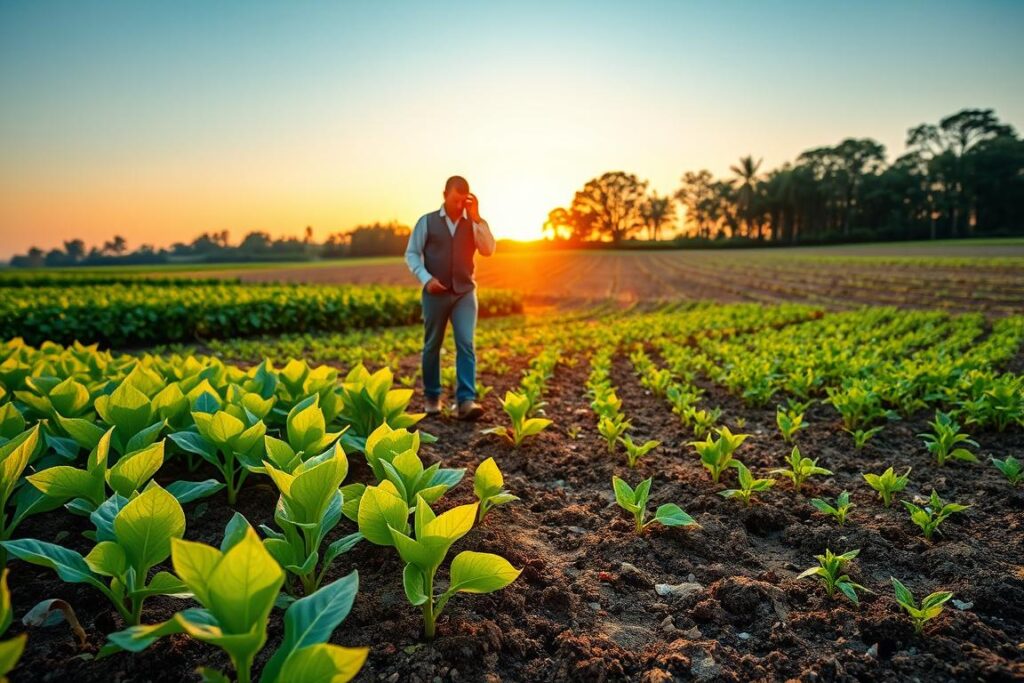 A serene agricultural landscape showcases a farmer in professional attire, thoughtfully examining the soil. In the foreground, vibrant green crops flourish alongside healthy soil amendments, such as compost and organic fertilizers, scattered around. The middle ground features a section of the field divided into plots, illustrating various sustainable fertilization methods, like cover crops and natural mulches, with a focus on maintaining soil health and productivity. In the background, the sun sets, casting a warm golden light across the scene, enhancing the tranquil atmosphere of resilience and innovation in farming. The composition emphasizes a sense of balance and sustainability in the face of fertilizer shortages, with a clear blue sky above.
