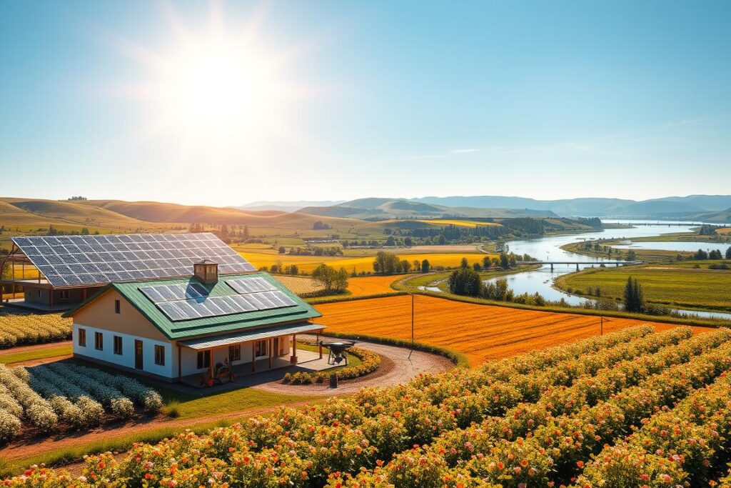 A serene, off-grid solar energy farm set in a lush rural landscape, featuring a vibrant array of solar panels glistening under the bright sun. In the foreground, include a modern, eco-friendly farmhouse with a green roof, surrounded by blooming fields and a clear blue sky. In the middle ground, depict automated farming equipment, such as a drone and a robotic harvester, efficiently working on the land. The background features gently rolling hills and a sparkling river reflecting the sun's rays. Soft, natural lighting creates a warm, inviting atmosphere that emphasizes sustainability and innovation. The scene captures the harmony of AI integration and solar power in a 100% autonomous farming setup.