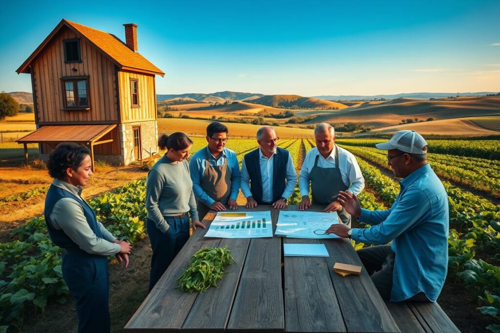 A serene rural landscape illustrating financial sovereignty, featuring a quaint farmhouse surrounded by fertile fields and crops. In the foreground, a diverse group of farmers in professional business attire engages in a productive discussion, reviewing plans and charts on a rustic wooden table. The middle ground showcases thriving plants and natural resources, symbolizing sustainable practices. In the background, rolling hills and a clear blue sky convey a sense of abundance and hope. Soft, warm sunlight casts gentle shadows, creating an inviting and optimistic atmosphere. The angle captures a wide view, emphasizing both the hardworking individuals and the bountiful land they cultivate, embodying the essence of financial independence in agriculture.