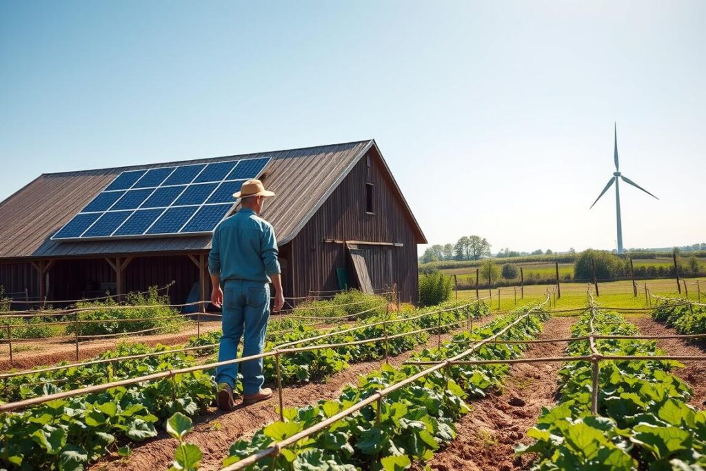 A serene rural landscape illustrating the practical implementation of energy independence on a farm. In the foreground, a farmer in modest casual clothing inspects solar panels mounted on a barn roof, reflecting sunlight. In the middle ground, vegetable gardens thrive with a drip irrigation system visible, highlighting sustainable farming techniques. Behind, a wind turbine stands against a clear blue sky, symbolizing renewable energy. Soft, natural lighting emphasizes the tranquil yet purposeful atmosphere of the scene, with greenery bursting with life. The angle captures a wide view, allowing a sense of spaciousness while maintaining focus on the farmer’s proactive steps towards reducing dependence on electric grids.
