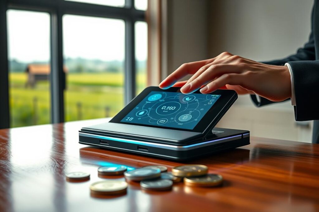 A sleek, modern cold wallet sits gracefully on a polished wooden desk, with a subtle glow illuminating its sophisticated design. The wallet, made of high-quality materials, showcases a digital screen displaying abstract cryptocurrency symbols. In the foreground, a pair of hands in professional business attire gently interact with the device, symbolizing the secure management of digital assets. The middle ground features scattered coins and digital tokens, hinting at the world of cryptocurrencies. Soft, natural lighting filters through a nearby window, creating a warm and inviting atmosphere. In the background, a blurred rural landscape can be seen, emphasizing the connection between traditional farming and modern financial technology. The overall mood is one of security, innovation, and empowerment in a digital age.