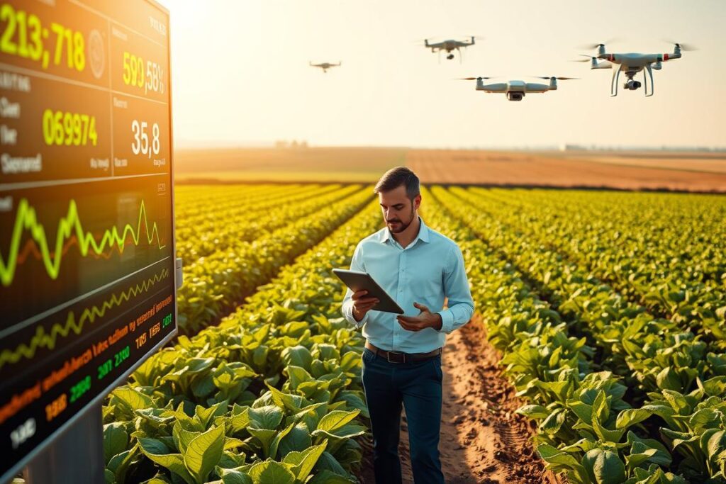 A sophisticated agricultural landscape showcasing the integration of artificial intelligence in agribusiness. In the foreground, a digital screen displays various commodity prices and a fluctuating currency exchange rate, reflecting real-time data analysis. The middle ground features a modern farmer, dressed in professional attire, inspecting crops with a tablet in hand, surrounded by rows of lush plants. In the background, a sprawling farm with advanced sensor technology and drones flying overhead symbolizes innovation. The scene is bathed in warm, golden sunlight, creating a productive and optimistic atmosphere, with soft focus on distant fields to emphasize the technology's role in enhancing agriculture. The angle is slightly elevated to capture both the human element and the expansive fields.