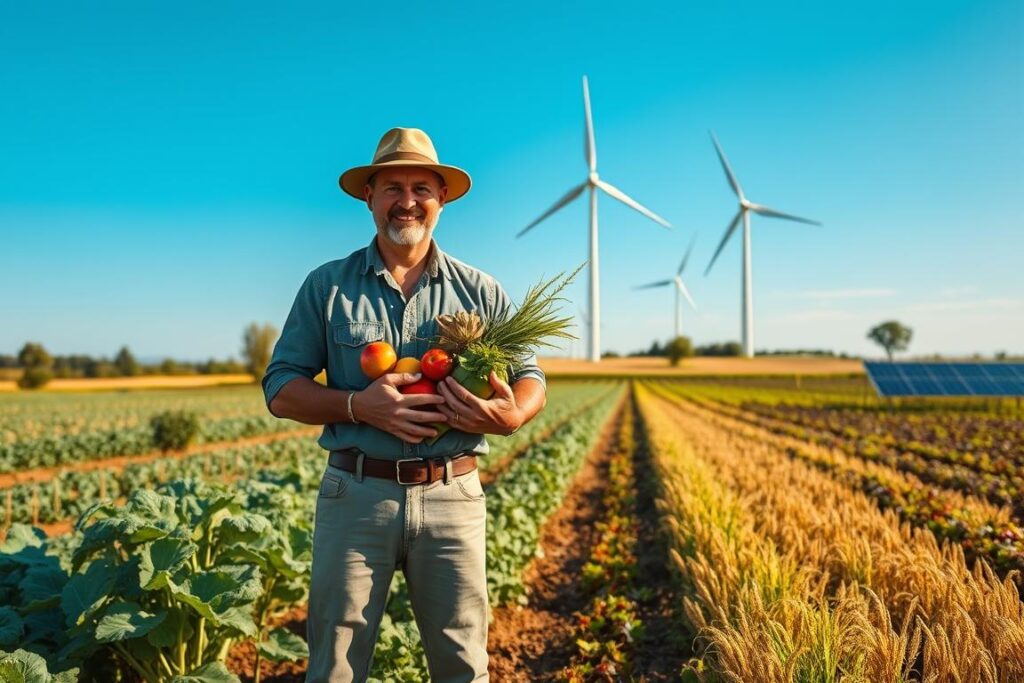 A vibrant agricultural landscape depicting a diverse farm with various crops such as grains, fruits, and vegetables thriving under a clear blue sky. In the foreground, a farmer in modest casual clothing stands proudly, holding freshly harvested produce. In the middle, rows of crops reflect healthy growth and resilience, symbolizing food sovereignty. The background features a wind turbine and a solar panel installation, illustrating financial independence and sustainable energy solutions. The lighting is bright and optimistic, casting warm tones over the scene. The overall mood is one of hope and prosperity, emphasizing the concept of self-sufficiency in agriculture and finance during a global crisis. The composition is balanced, with a focus on the farmer as the central figure of empowerment.