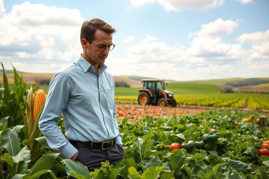 A vibrant agricultural landscape showcasing diverse crops for profitability optimization. In the foreground, a professional agronomist in smart casual attire examines an array of flourishing crops, including corn, soybeans, and vegetables, symbolizing diversification. The middle ground features a tractor and farm machinery on well-maintained fields, illustrating modern agricultural practices. In the background, rolling hills and a blue sky with fluffy clouds emphasize a peaceful rural setting. Soft, natural lighting bathes the scene, creating a warm atmosphere. The image should capture a sense of innovation and growth in agriculture, reflecting the theme of maximizing profitability through crop variety and sustainable practices.
