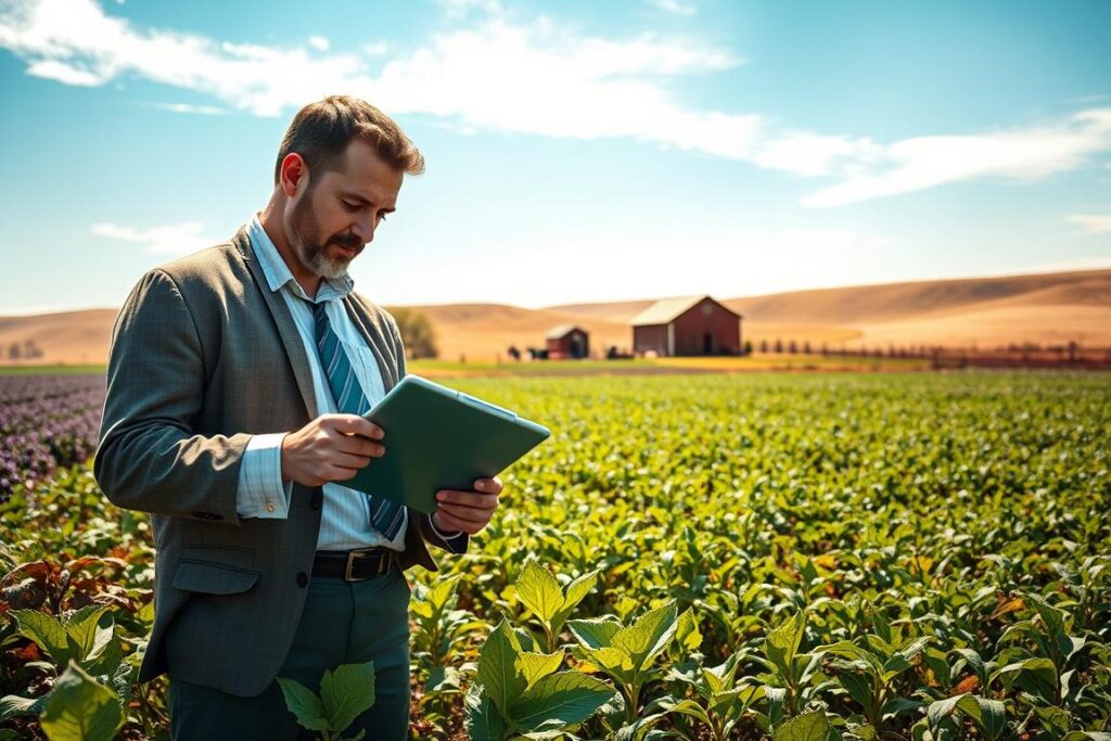 A vibrant agricultural landscape showcasing survival strategies for farming amidst high interest rates in 2026. In the foreground, a farmer in professional business attire examines crops, using a digital tablet to assess market data. In the middle ground, diverse crops are visible, indicating innovative farming techniques, such as cover crops and crop rotation. In the background, a rural setting features a barn and rolling hills under a bright blue sky, symbolizing hope and resilience. The lighting is warm and inviting, emphasizing a sense of determination and forward-thinking. The atmosphere conveys a blend of urgency and optimism, inspiring innovation in agricultural practices. The angle is slightly elevated, capturing both the farmer and the vast landscape seamlessly.