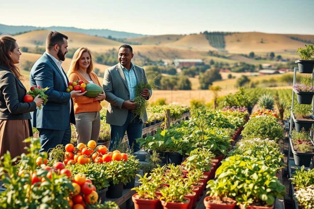A vibrant agricultural scene depicting the monetization of crop production in alternative markets. In the foreground, a diverse group of farmers, dressed in professional business attire, are engaging in discussions, holding a variety of fresh produce like tomatoes, herbs, and fruits. In the middle ground, a small farm with well-organized sections, showcasing vertical gardens and containers filled with flowers and vegetables, symbolizes innovation in farming. The background features rolling hills and a clear blue sky, suggesting a bright future. The lighting is soft and warm, evoking a sense of hope and opportunity. The composition is framed as if viewed through a wide-angle lens, capturing both the intimate interactions of the farmers and the expansive beauty of the agricultural landscape.