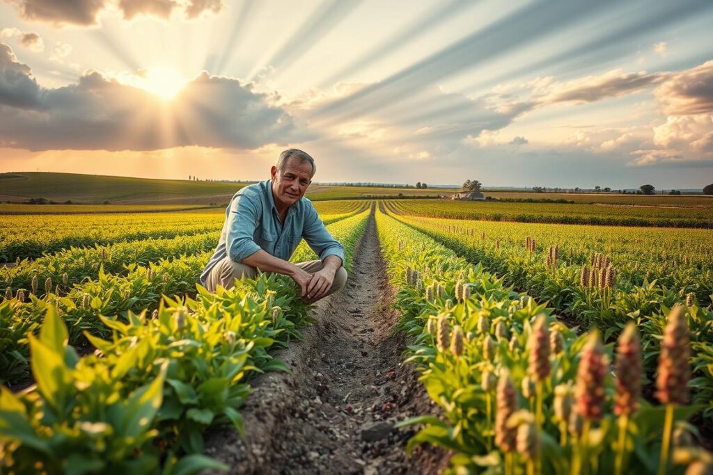 A vibrant and hopeful scene depicting a Christian farmer in a lush agricultural field, considering biblical prophecies intertwined with modern agricultural challenges. In the foreground, the farmer, dressed in modest casual clothing, is crouched beside rows of growing crops such as quinoa and amaranth, symbolizing resilience and adaptability. The middle ground features a fertile landscape dotted with diverse crops that thrive in uncertain times, while the background showcases a dramatic sky with streaks of sunlight breaking through clouds, creating a sense of divine intervention. The atmosphere is one of hope and determination, illuminated with warm, golden hour lighting that enhances the colors of the crops. This balanced composition conveys a message of faith and sustenance amid scarcity.