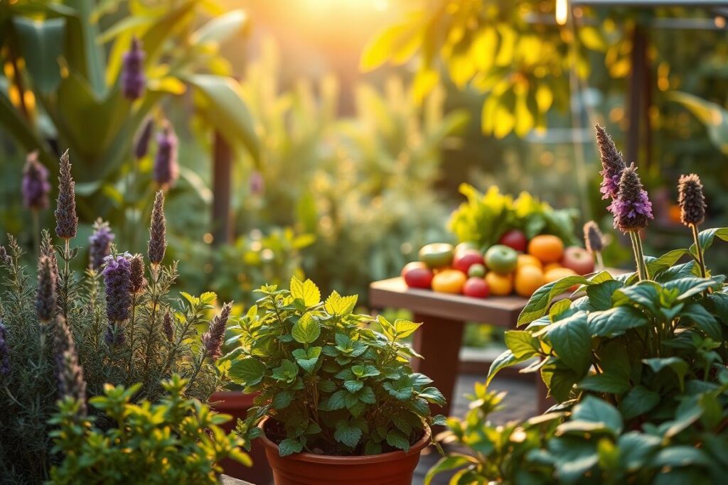 A vibrant and lush garden filled with a variety of medicinal and nutritious herbs, plants, and vegetables. In the foreground, focus on a vibrant collection of herbs like rosemary, thyme, and lavender, arranged delicately in pots. In the middle ground, showcase a small wooden table with fresh produce, including colorful fruits and leafy greens, symbolizing abundance and health. The background features a serene natural setting with soft sunlight filtering through the leaves, creating a warm, inviting atmosphere. The image is illuminated with golden hour lighting, emphasizing the freshness of the plants. Use a shallow depth of field to create a dreamy effect, highlighting the rich colors and textures of the herbs and vegetables, evoking a sense of natural wellness and self-sufficiency.