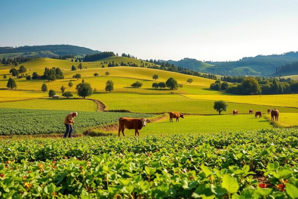 A vibrant, harmonious landscape depicting an integrated system of agriculture, livestock, and forestry. In the foreground, lush green fields with low-tech farming methods and vibrant crops, showcasing farmers using hand tools and traditional techniques. In the middle ground, grazing livestock peacefully coexist with trees, emphasizing sustainable practices. The background features rolling hills with patches of dense forest and a clear blue sky, allowing soft sunlight to filter through, creating a warm, inviting atmosphere. The scene should convey a sense of balance and cooperation between agriculture and nature, with vivid colors and a bright, optimistic tone, suggesting resilience and innovation in agricultural planning. Include gentle shadows for depth, viewed from a slightly elevated angle.