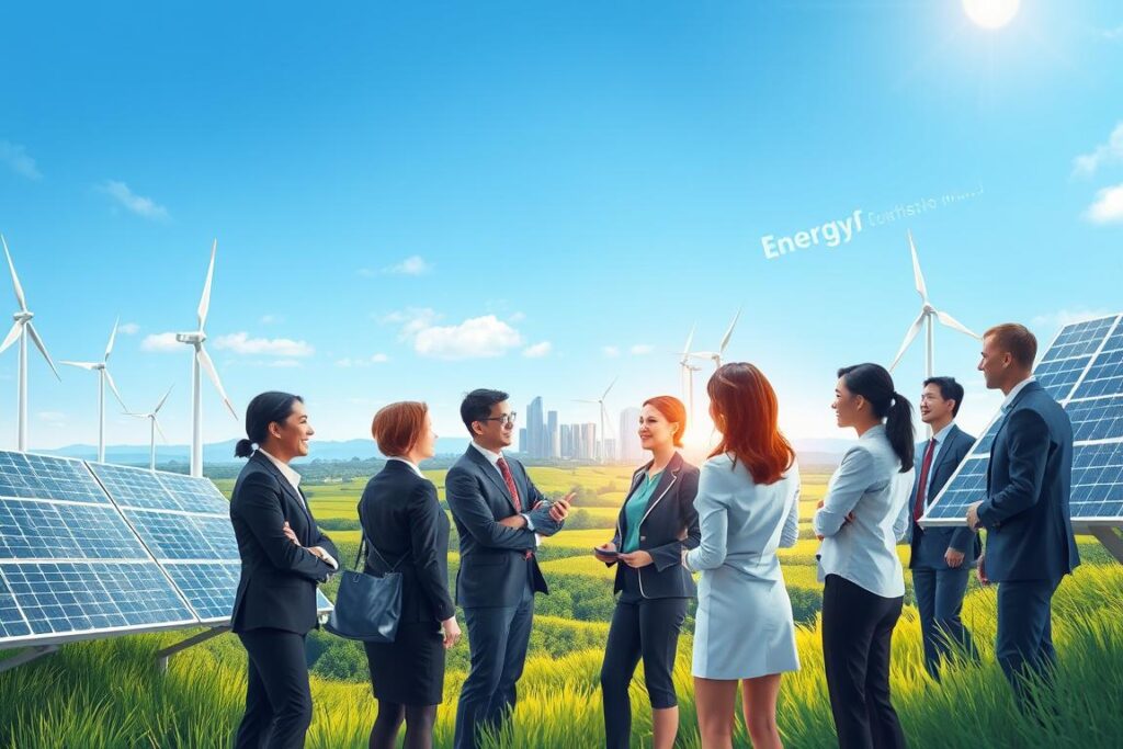 A vibrant illustration depicting energy autonomy as an ethical and strategic imperative. In the foreground, a diverse group of professionals dressed in smart business attire engage in a collaborative discussion, surrounded by solar panels and wind turbines, representing renewable energy sources. The middle ground features a lush landscape with a modern city skyline, symbolizing progress and innovation in energy independence. In the background, a clear blue sky with soft sunlight enhances the scene, creating a hopeful atmosphere. The composition should convey a sense of determination and forward-thinking, showcasing a commitment to sustainable energy solutions. Use a wide-angle lens to capture the breadth of this dynamic setting, while maintaining a balanced focus on the professionals and the renewable energy elements around them.