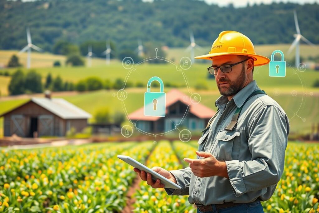 A vibrant, modern farm scene showcasing cybersecurity in agriculture. In the foreground, a farmer in professional work attire is analyzing digital data on a tablet, surrounded by smart farming equipment. In the middle ground, a variety of crops thrive under bright sunlight, while a digital security interface appears semi-transparently, illustrating protection measures like firewalls and locks. In the background, a serene landscape with a barn and wind turbines contrasts the technological elements, enhancing the theme of traditional farming meets modern technology. The atmosphere is focused and determined, emphasizing the importance of safeguarding digital wallets against cyber threats. The image is bright with balanced lighting, depicting the intersection of nature and technology in a harmonious setting.