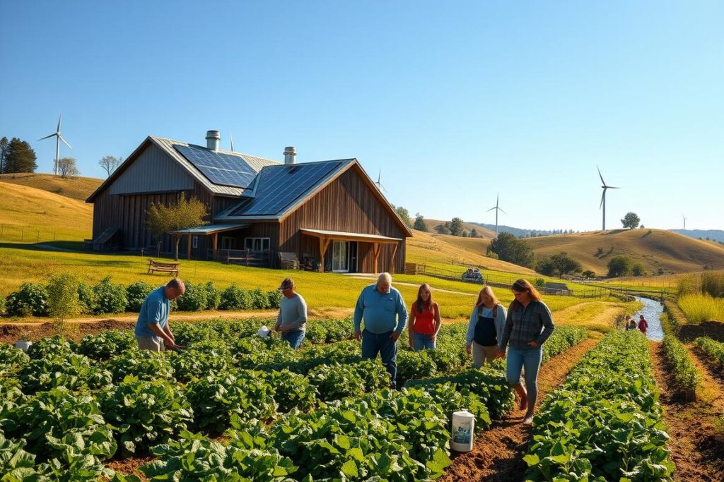 A vibrant, off-grid rural setting, showcasing a sustainable farm thriving under blue skies. In the foreground, a diverse group of individuals in modest casual clothing work together, tending to a lush vegetable garden. The middle ground features a modern, eco-friendly barn equipped with solar panels and wind turbines, symbolizing independence from traditional infrastructure. In the background, rolling hills dotted with trees and a clear stream enhance the natural beauty. Soft, warm sunlight bathes the scene, casting gentle shadows and creating a inviting atmosphere. The image conveys a sense of community resilience and self-sufficiency amidst potential crises, highlighting innovative strategies for off-grid sovereignty. Focus on capturing a harmonious balance between nature and human effort, with a slightly elevated angle for a broader perspective on the landscape.