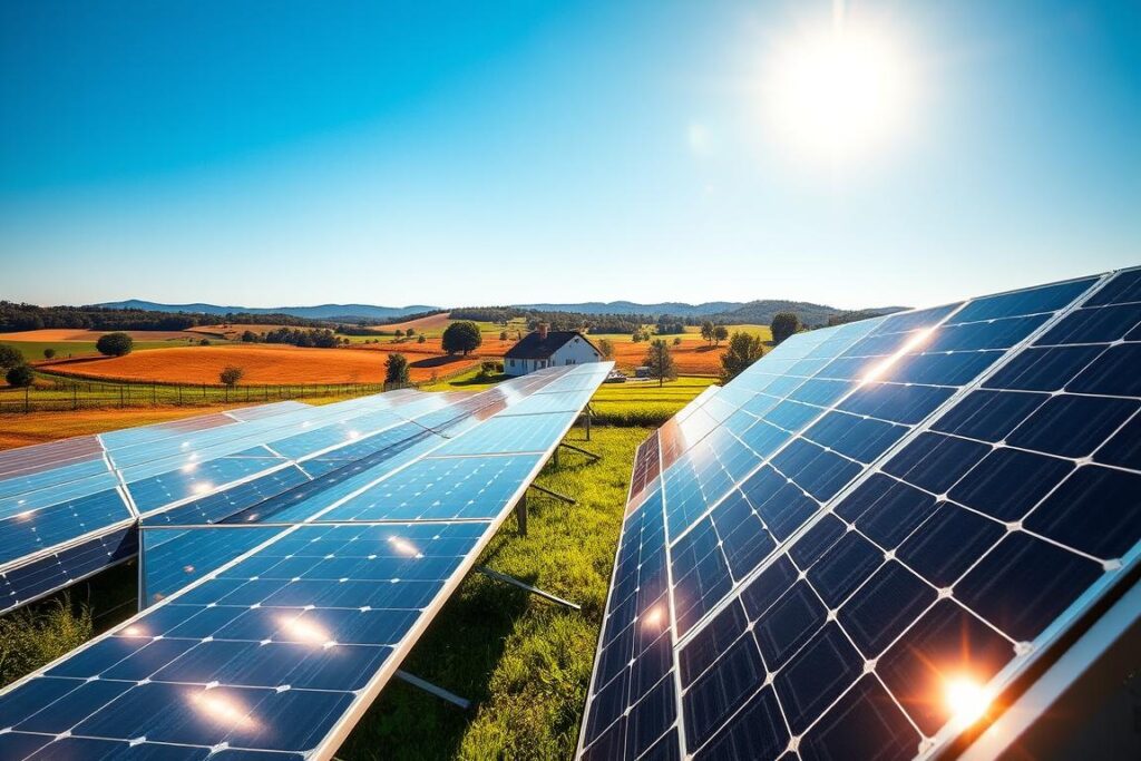 A vibrant solar farm set in a beautiful rural landscape under a bright blue sky. In the foreground, several gleaming solar panels with sunlight reflecting off their surfaces, showcasing cutting-edge photovoltaic technology. In the middle ground, a modern, eco-friendly farmhouse with lush greenery surrounding it, symbolizing sustainability and independence. In the background, a scenic view of rolling hills and a few trees, illustrating the harmony of nature and renewable energy. The lighting is warm and inviting, with golden hour sun casting long shadows, and the image is captured with a slightly elevated angle, giving a comprehensive view of the solar system's setup. The overall mood is optimistic and forward-thinking, conveying a sense of progress towards energy independence.