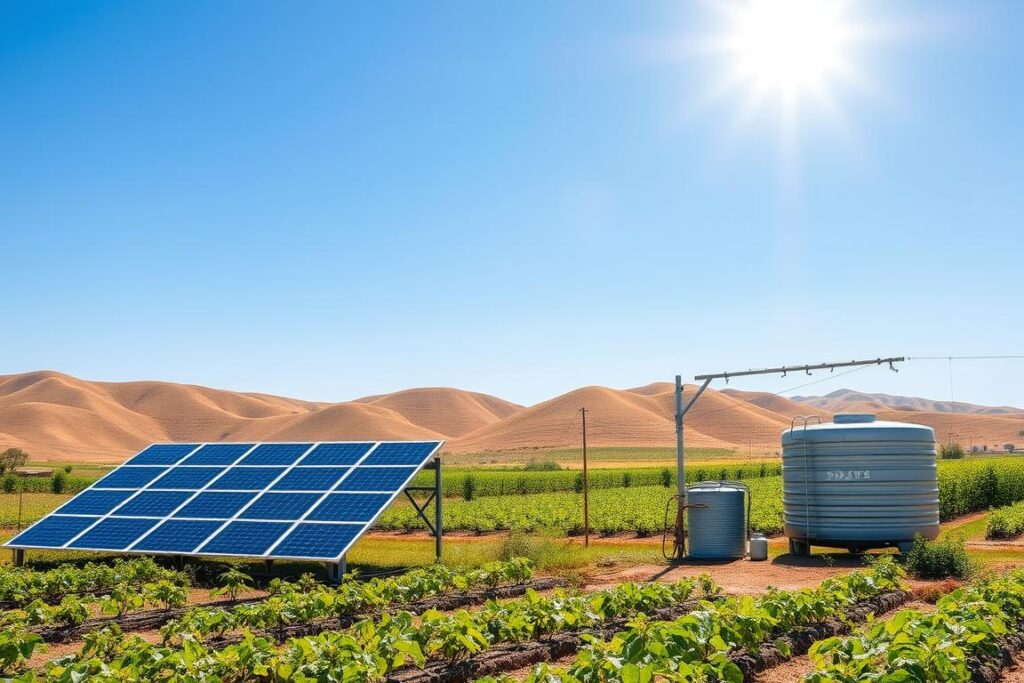 A vibrant, solar-powered off-grid setup in a rural landscape, showcasing a modern solar panel array glistening in the midday sun. In the foreground, a small farm with crops thriving under clear blue skies, surrounded by greenery, illustrating agricultural resilience. The middle ground features an irrigation system powered by solar energy, with a water tank and productive fields, symbolizing sustainable farming practices. In the background, gentle hills under a bright sun create a warm atmosphere, enhancing the notion of independence and self-sufficiency. The lighting is bright and sunny, evoking a sense of hope and innovation in renewable energy. The scene captures a tranquil yet vibrant rural life supported by solar technology, emphasizing sustainability and progress.