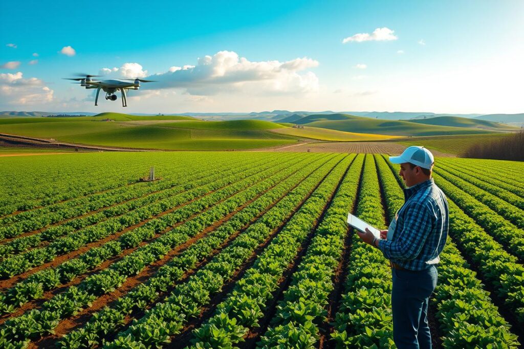 Aerial view of a modern precision agriculture landscape, showcasing vibrant green fields segmented by advanced irrigation systems and precision farming equipment like drones and sensors. In the foreground, a farmer in professional attire observes data on a tablet, analyzing crop health. The middle ground features rows of healthy crops with visible sensor stations monitoring soil conditions. The background displays rolling hills under a bright blue sky with soft clouds, conveying a sense of innovation and productivity. Use warm sunlight to create a hopeful atmosphere, emphasizing the synergy between technology and agriculture. The image should be vibrant and detailed, capturing a moment of efficiency and optimism in farming.