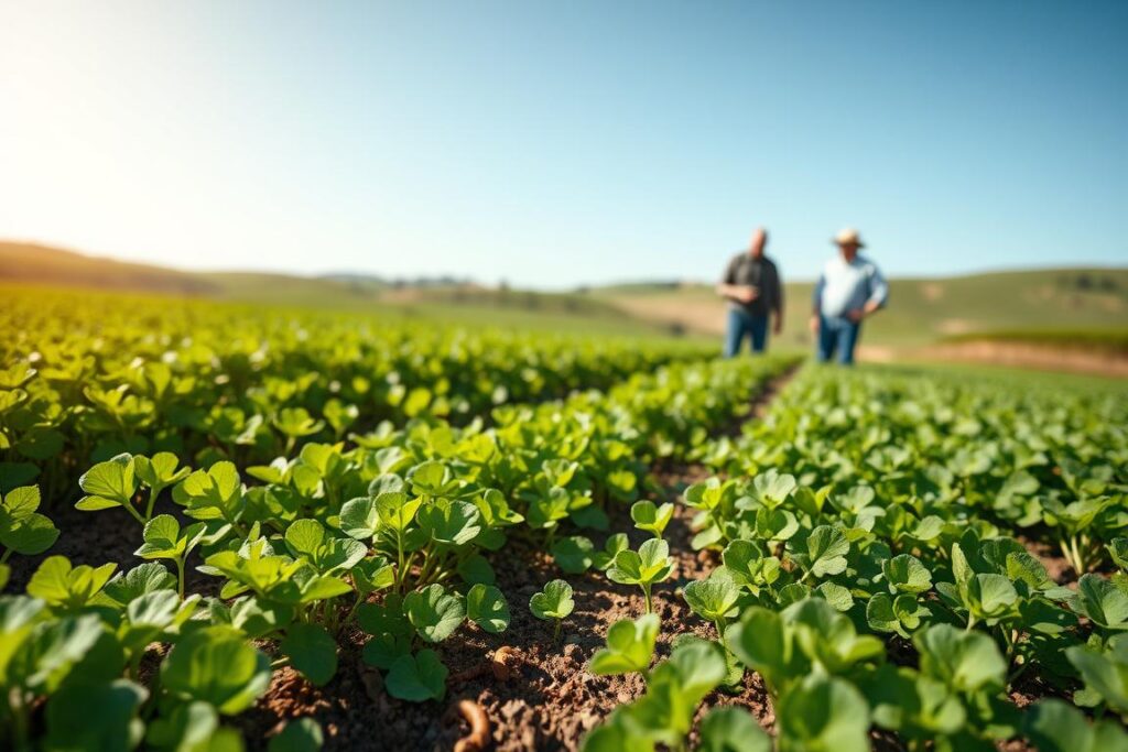 Lush green fields of cover crops, featuring vivid green legumes like clover and vetch, thriving under a bright sun. In the foreground, healthy soil with earthworms visible, showcasing the benefits of green fertilization. In the middle ground, farmers in modest casual clothing are inspecting the crops, discussing their growth. The background shows rolling hills with a clear blue sky, hinting at the importance of sustainable agriculture. Soft, warm lighting enhances the vitality of the plants, and a shallow depth of field focuses on the farmers, conveying an atmosphere of optimism and resilience in agricultural practices.