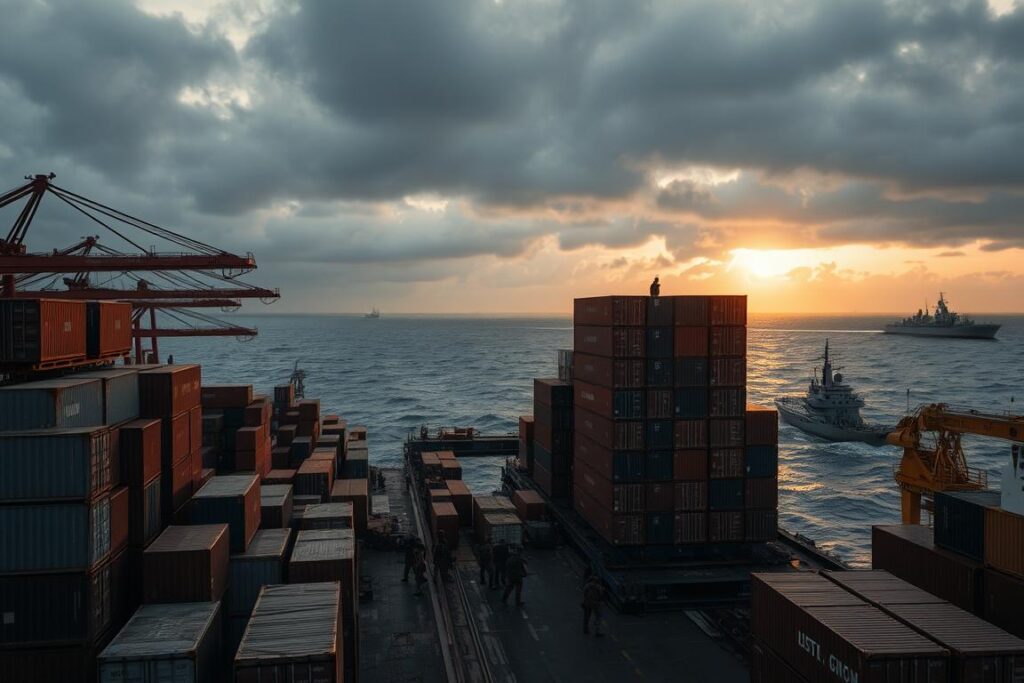 a dramatic scene depicting the logistics of war in a bustling shipping port; in the foreground, containers stacked high on cargo ships, surrounded by shipping cranes; the middle layer features busy dockworkers in professional clothing coordinating operations, and military personnel overseeing the transport, adding a sense of urgency; in the background, a turbulent sea under a cloudy sky, with distant naval vessels on patrol; the lighting is moody, with a slight golden hue from the setting sun breaking through the clouds, enhancing the atmosphere of tension and high stakes; captured from a low angle to emphasize the towering containers, accentuating the scale of the logistics operation.