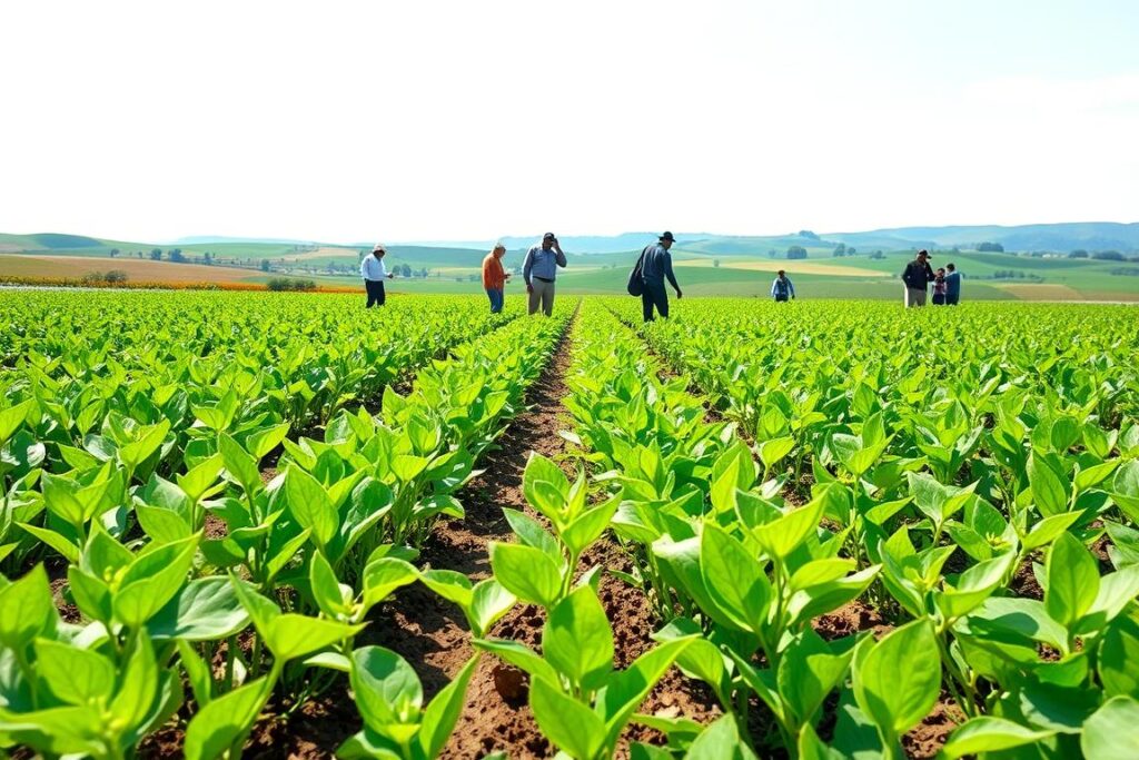 A detailed and informative illustration of biological nitrogen fixation, featuring a lush green agricultural field in the foreground with nitrogen-fixing plants like legumes prominently displayed. In the middle ground, include a diverse group of farmers, dressed in professional or modest casual clothing, engaging in the process of soil testing and plant analysis. The background should depict a vibrant blue sky and distant rolling hills, symbolizing a thriving ecosystem. The lighting is bright and natural, conveying a sense of optimism and growth. Use a wide-angle lens effect to capture the breadth of the landscape while emphasizing the interaction between farmers and plants. The mood is one of collaboration and innovation, portraying a step-by-step guide approaching agricultural independence through sustainable practices.