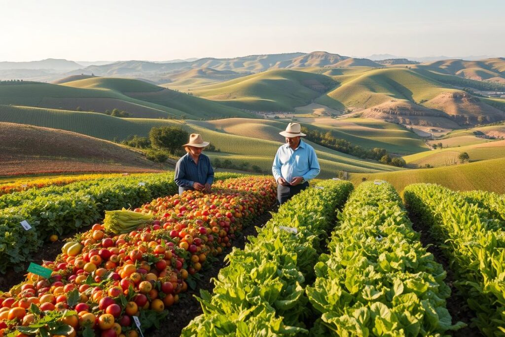 A detailed representation of profitable yet underexplored crops on small farms across various regions. In the foreground, showcase vibrant rows of diverse crops like exotic fruits, medicinal herbs, and rare vegetables, each labeled to indicate their unique value. The middle ground should feature small-scale farmers in professional attire, examining their harvest with enthusiasm and collaborating with local agricultural experts. The background should depict picturesque rolling hills and diverse landscapes, transitioning from lush green valleys to more arid regions, illustrating the variety of climates. Soft, warm sunlight bathes the scene, creating a hopeful and inspiring atmosphere. Capture this composition with a slight aerial angle to emphasize the expanse of the farmland, showcasing the vast potential of these niches before competition increases.